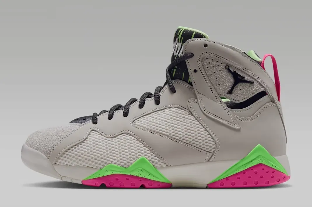 Air Jordan 7 Tennis Day profile in Phantom with black, lime green and bright pink accents.
