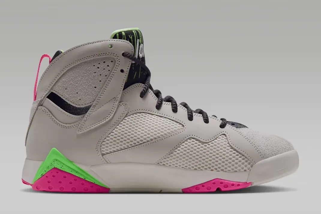 Air Jordan 7 Tennis Day side view in Phantom with lime green and pink accents.