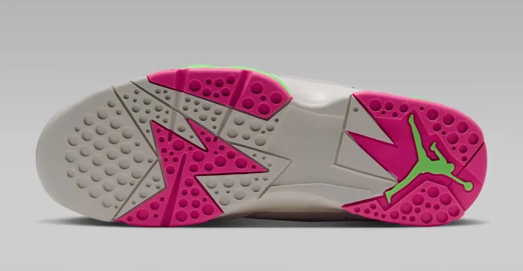 Air Jordan 7 Tennis Day outsole with Phantom, bright pink and lime green details.