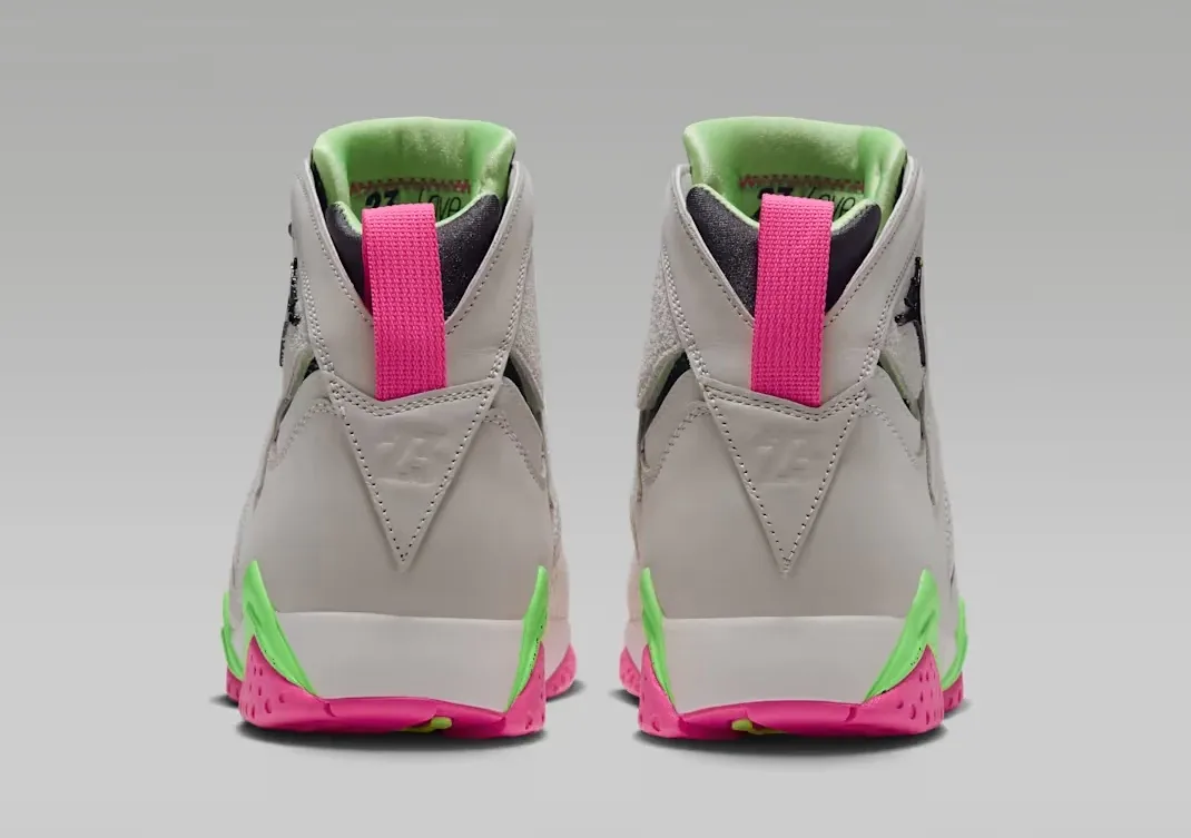 Rear view of the Air Jordan 7 Tennis Day with Phantom uppers, pink heel tabs and lime green accents.