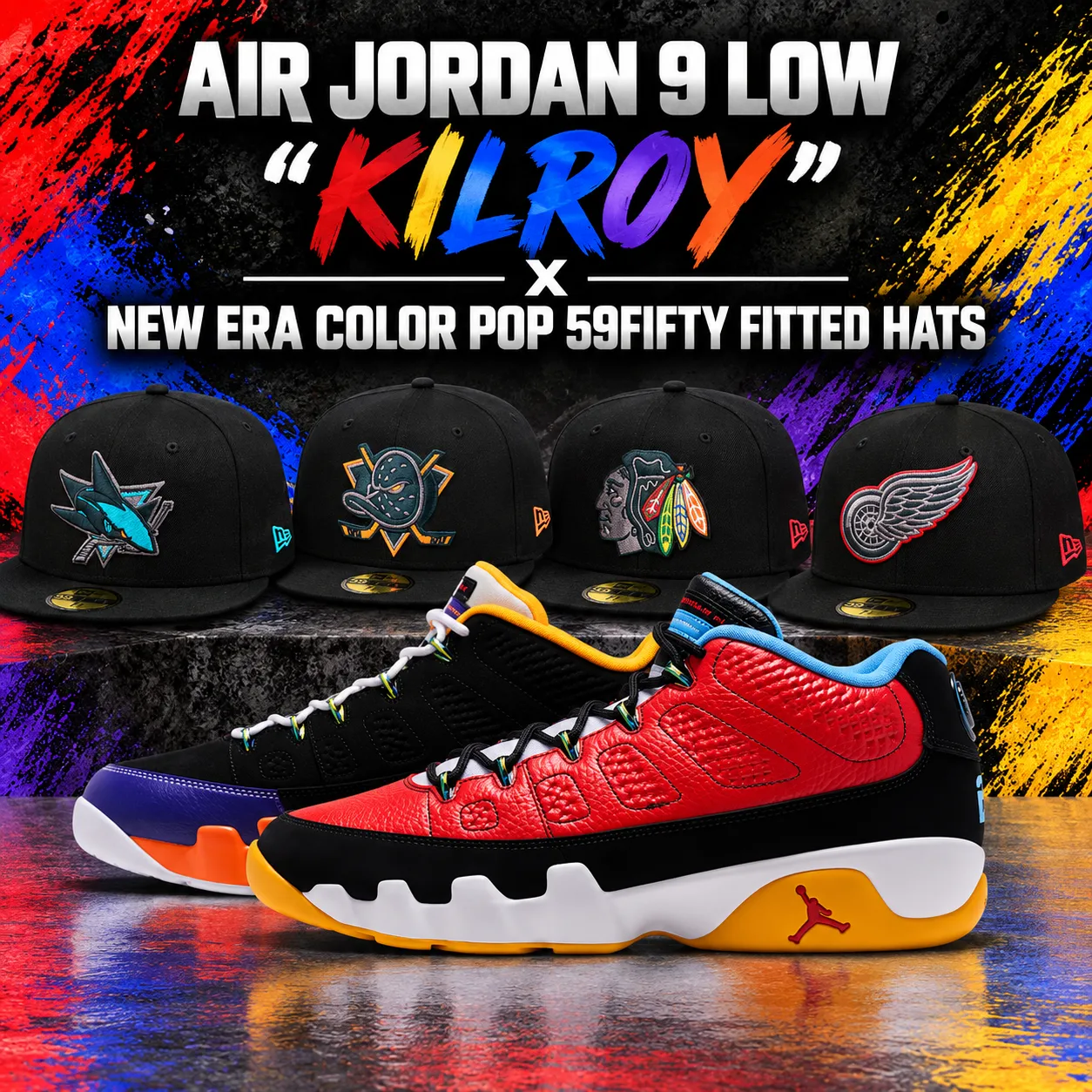 Air Jordan 9 Low “Kilroy” sneakers with matching New Era Color Pop 59FIFTY fitted hats