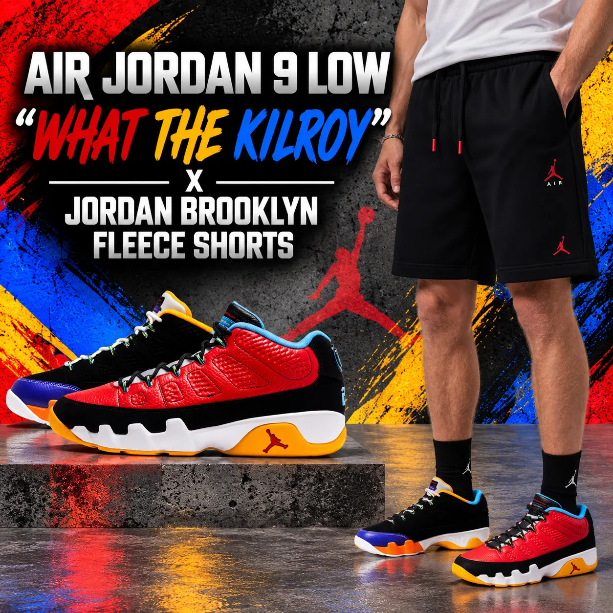 Air Jordan 9 Low “What the Kilroy” sneakers styled with black Jordan Brooklyn Fleece Shorts