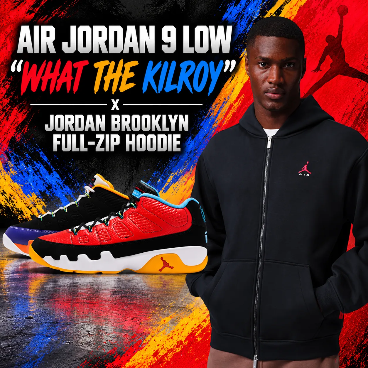 Air Jordan 9 Low “What the Kilroy” sneakers with a black Jordan Brooklyn Full-Zip Hoodie.