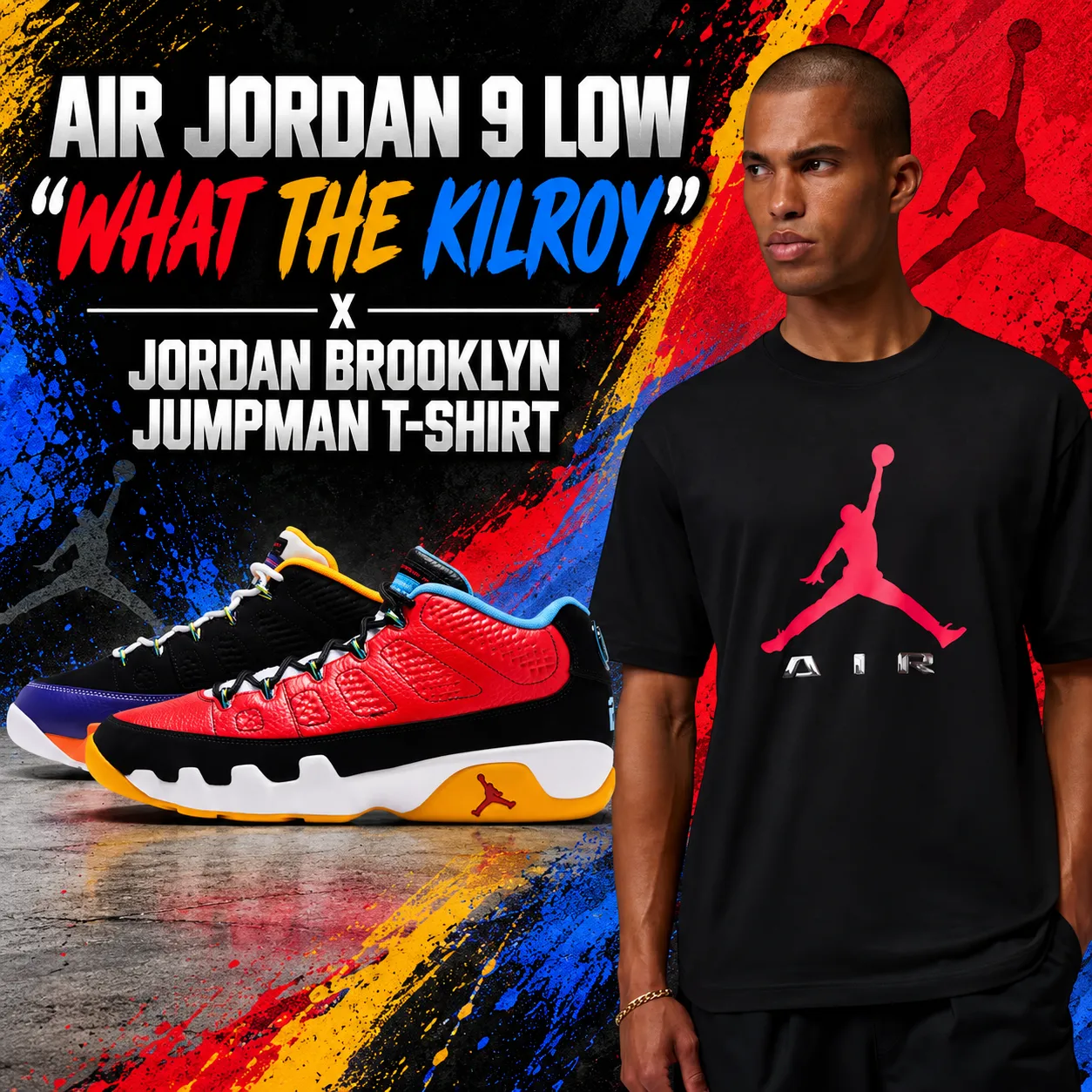 Air Jordan 9 Low “What the Kilroy” sneakers with a black Jordan Brooklyn Jumpman T-shirt.
