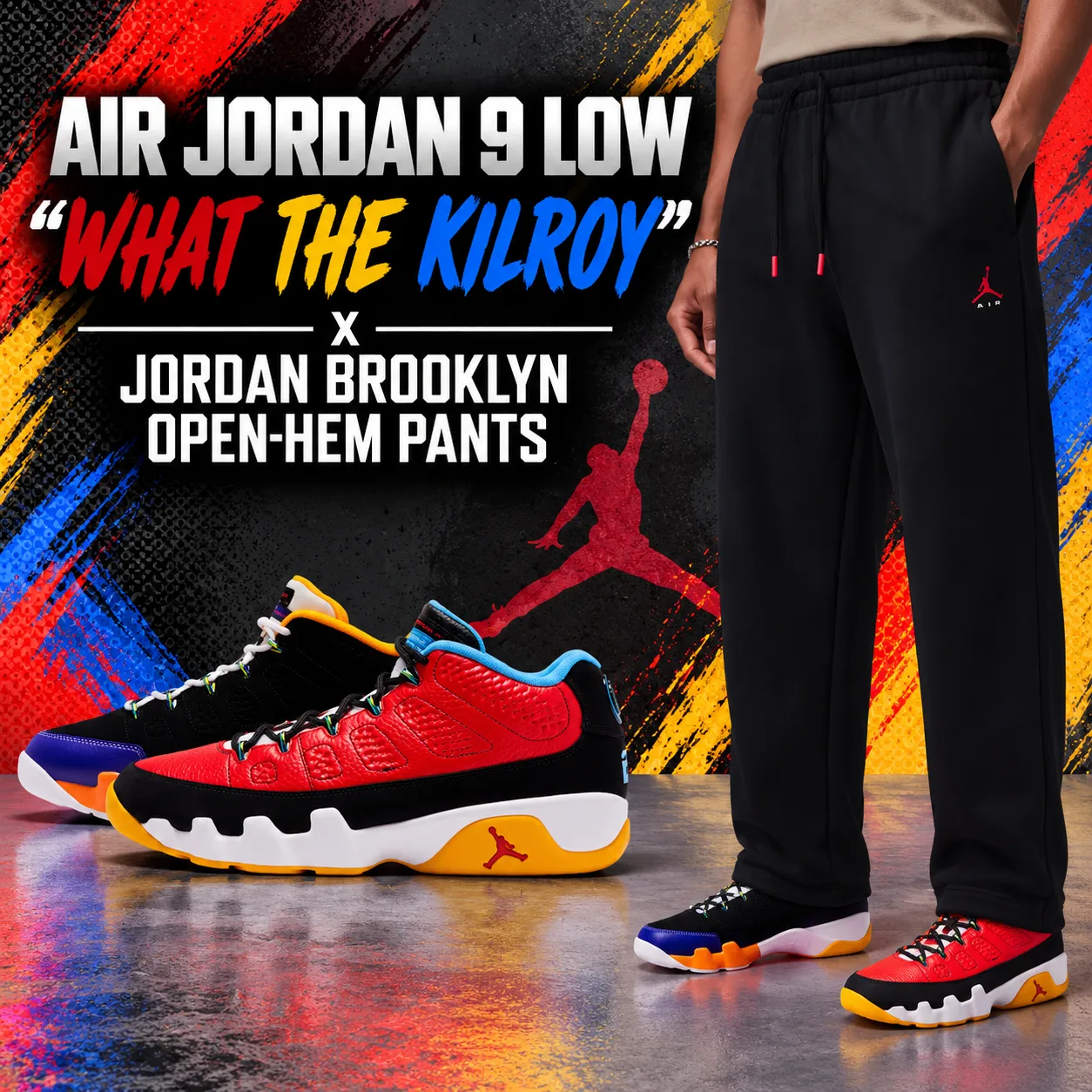 Air Jordan 9 Low “What the Kilroy” sneakers styled with black Jordan Brooklyn Open-Hem Pants