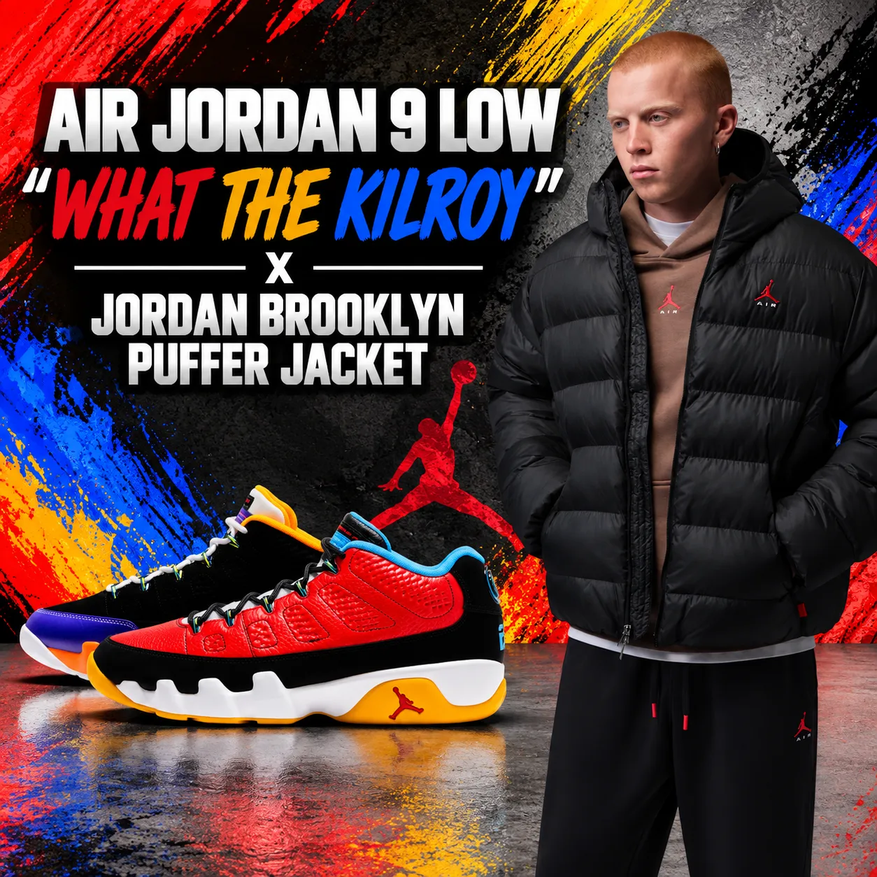 Air Jordan 9 Low “What the Kilroy” sneakers with Jordan Brooklyn Puffer Jacket outfit