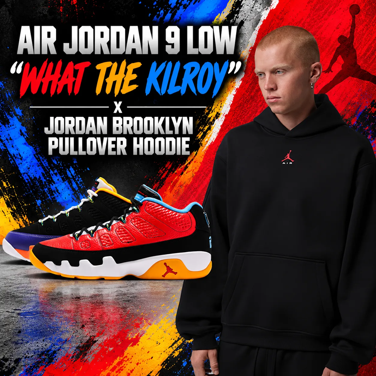 Air Jordan 9 Low “What the Kilroy” sneakers with a black Jordan Brooklyn Pullover Hoodie.