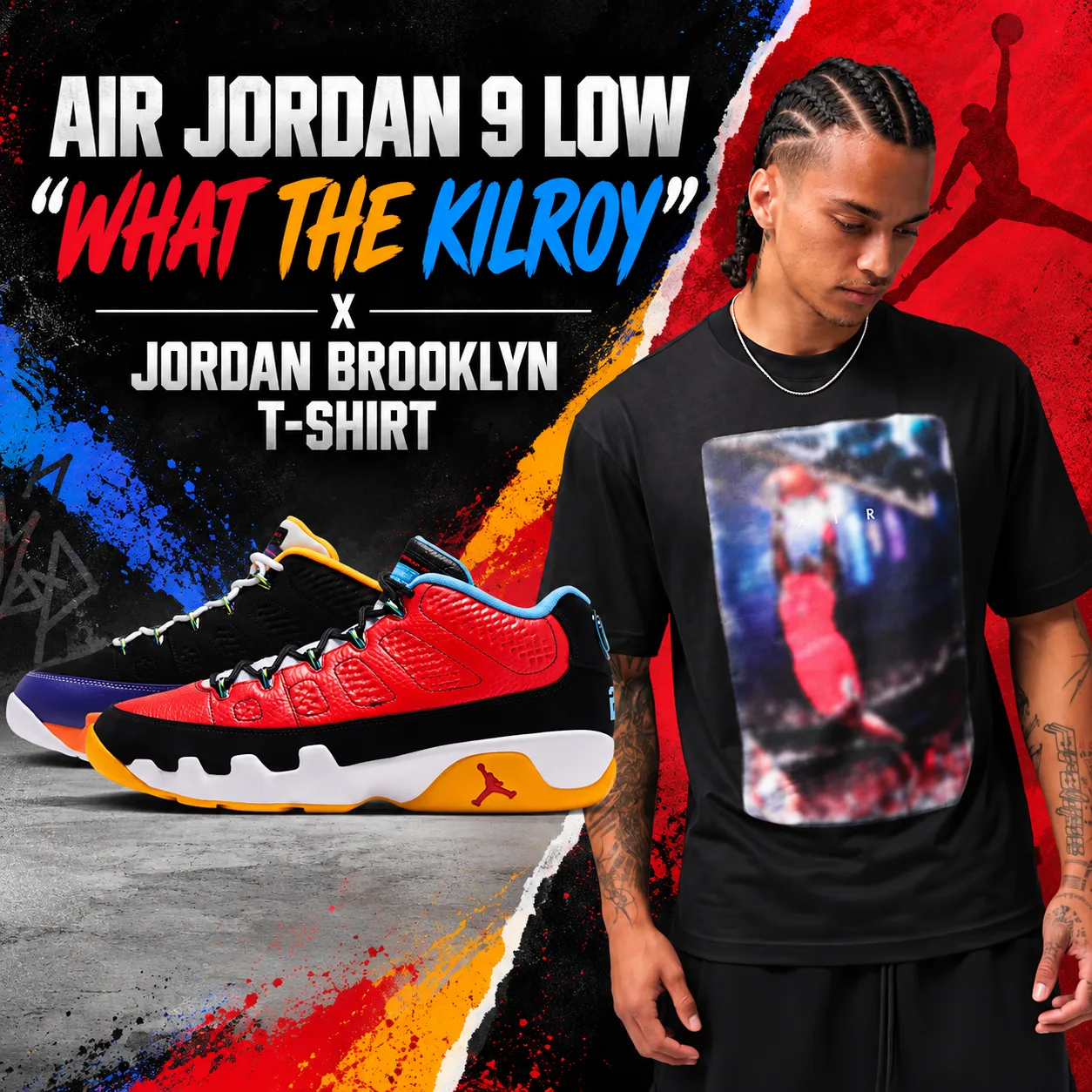 Air Jordan 9 Low “What the Kilroy” sneakers with a black Jordan Brooklyn graphic T-shirt.