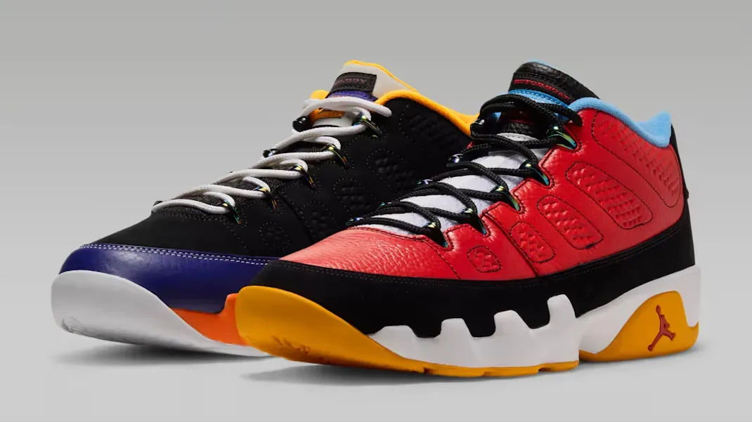 Air Jordan 9 Low “What the Kilroy” sneakers in mismatched black, red, blue, orange and yellow colors.