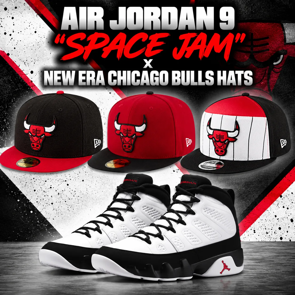 Air Jordan 9 “Space Jam” sneakers with New Era Chicago Bulls hats in black, red and white.