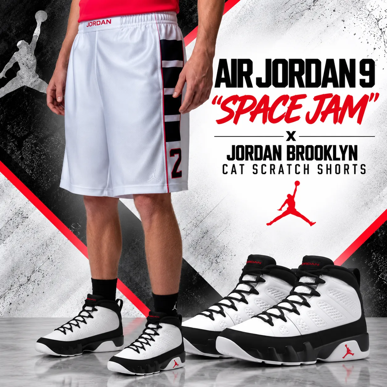Air Jordan 9 “Space Jam” sneakers with Jordan Brooklyn Cat Scratch Shorts outfit