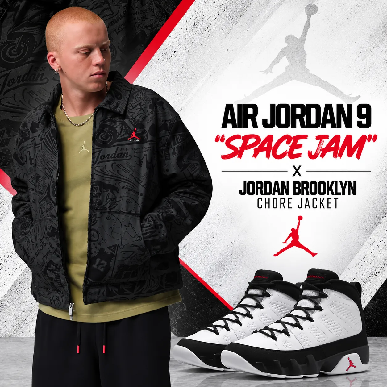 Air Jordan 9 Space Jam sneakers with Jordan Brooklyn Chore Jacket outfit