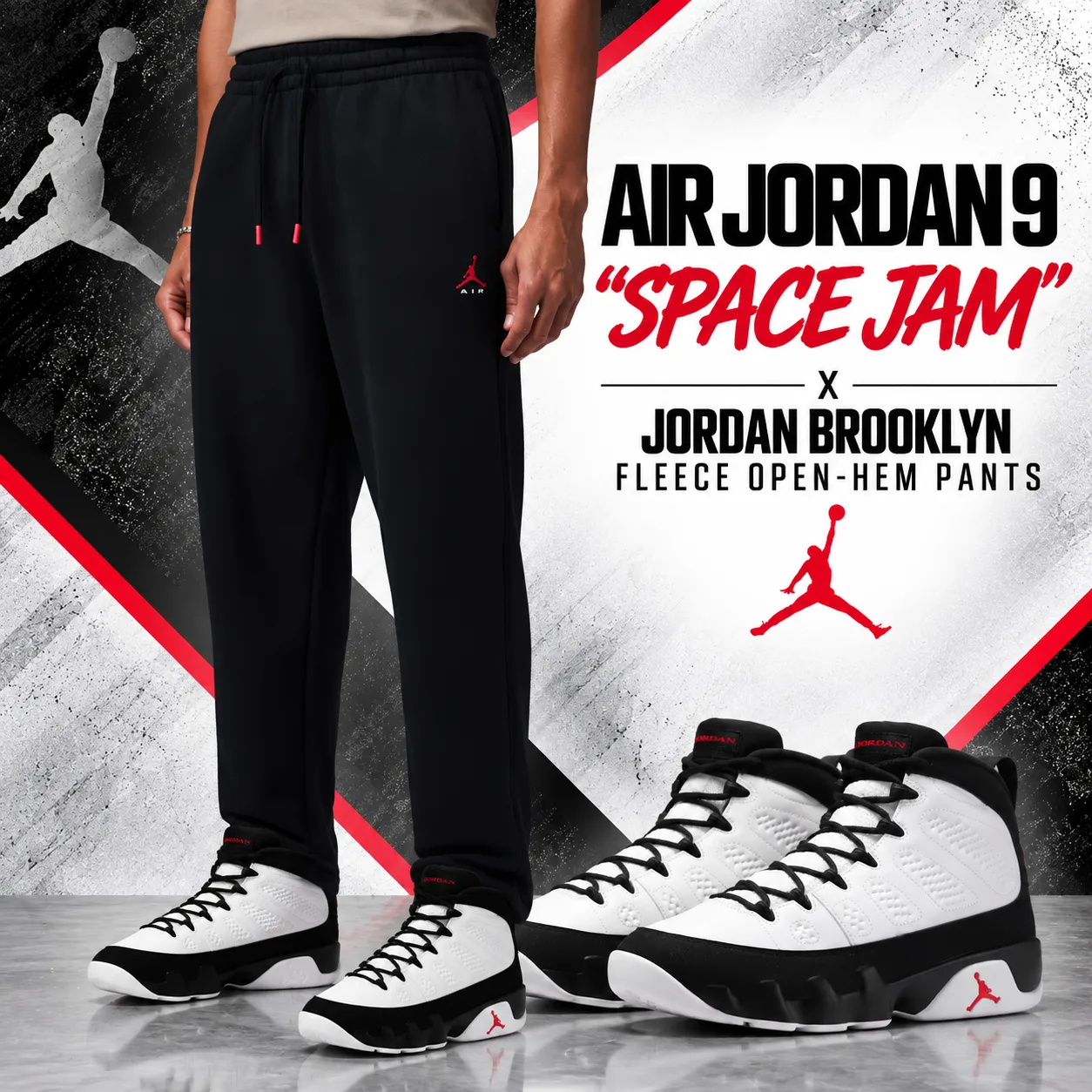 Air Jordan 9 “Space Jam” sneakers with black Jordan Brooklyn Fleece Open-Hem Pants