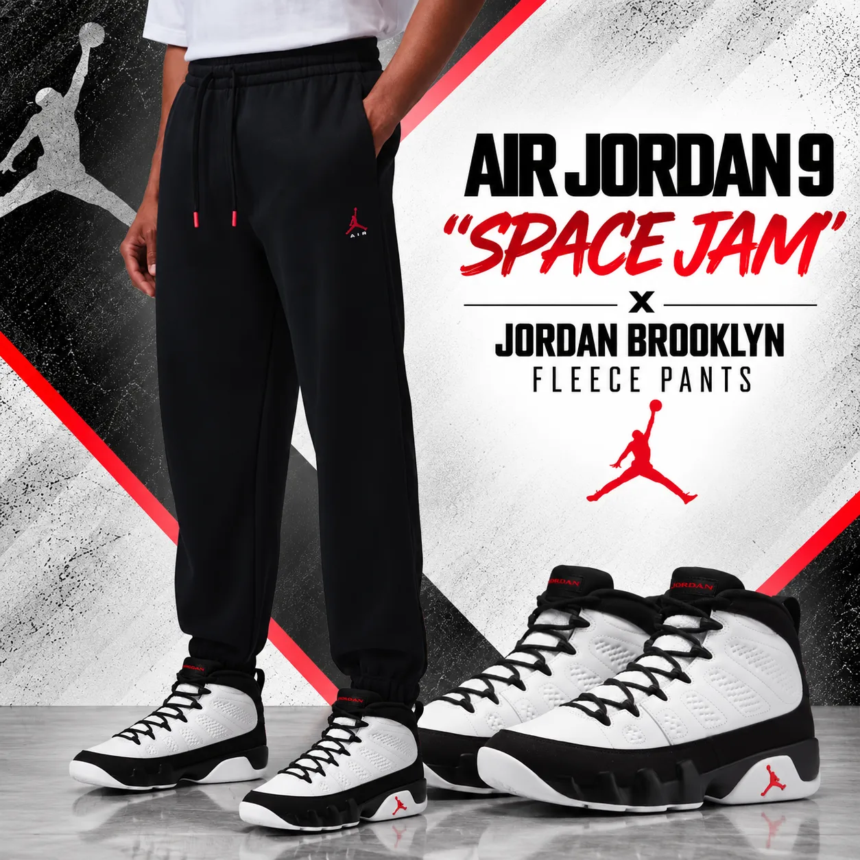 Air Jordan 9 “Space Jam” sneakers with black Jordan Brooklyn Fleece Pants outfit
