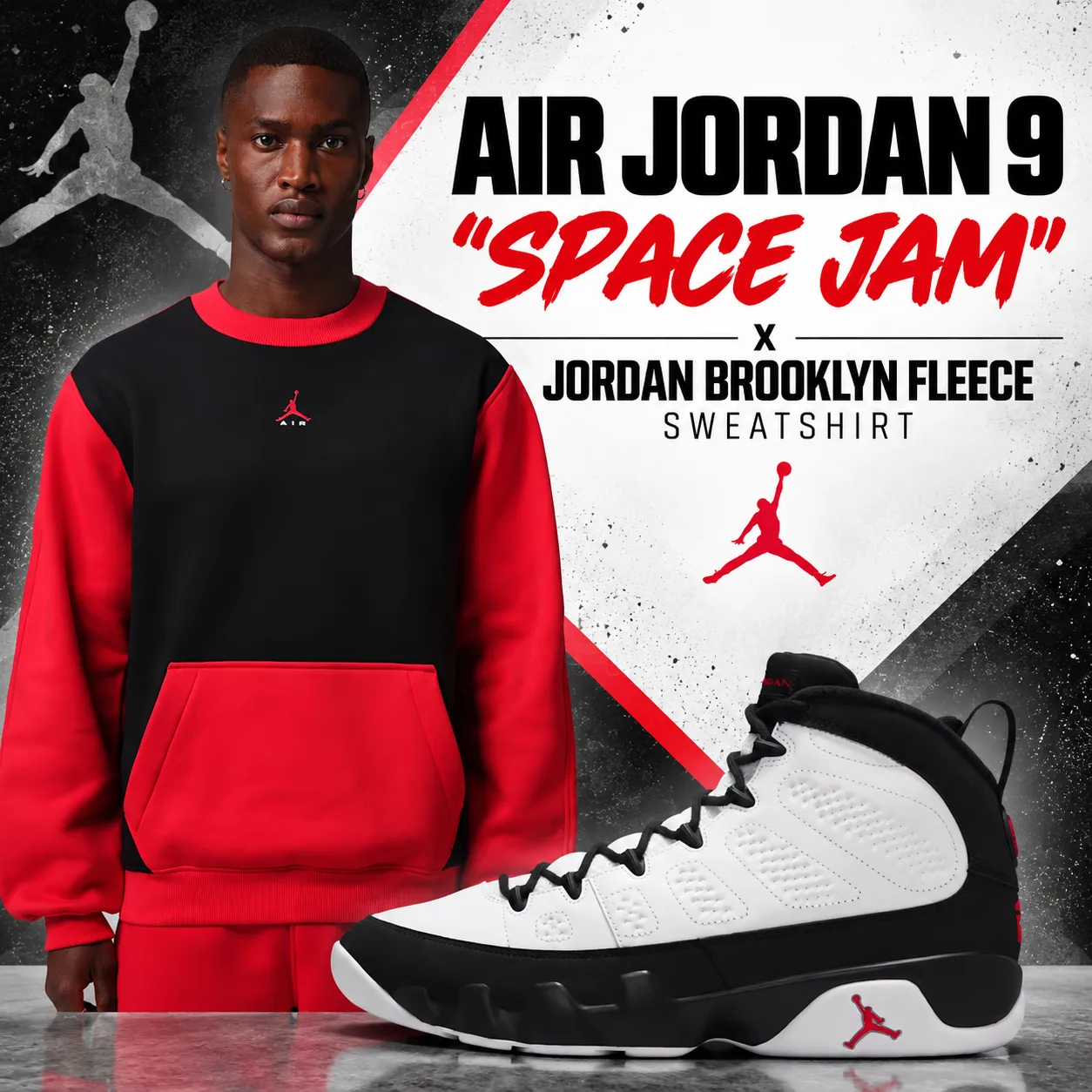 Air Jordan 9 “Space Jam” with black and red Jordan Brooklyn Fleece Sweatshirt
