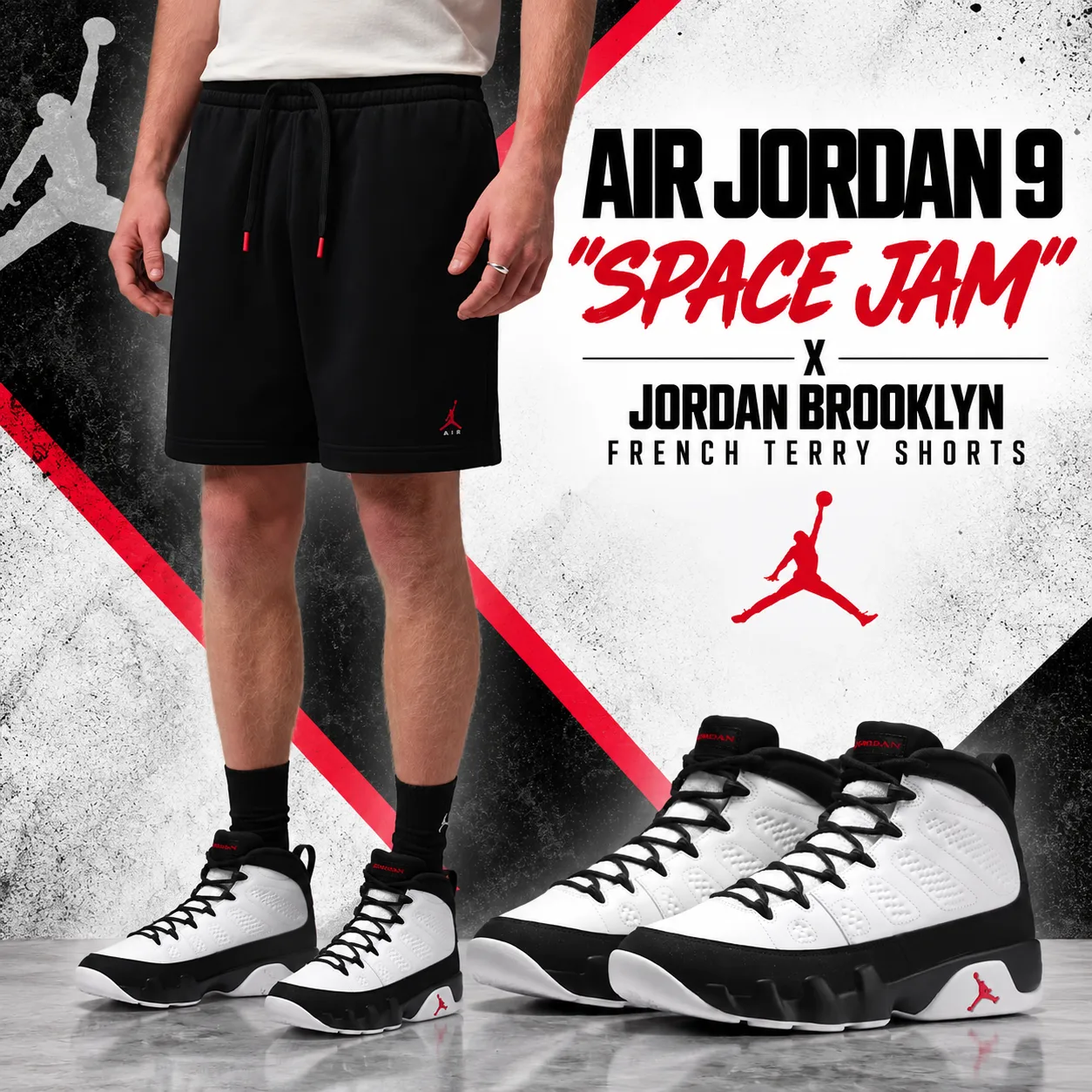 Air Jordan 9 “Space Jam” sneakers with black Jordan Brooklyn French Terry Shorts