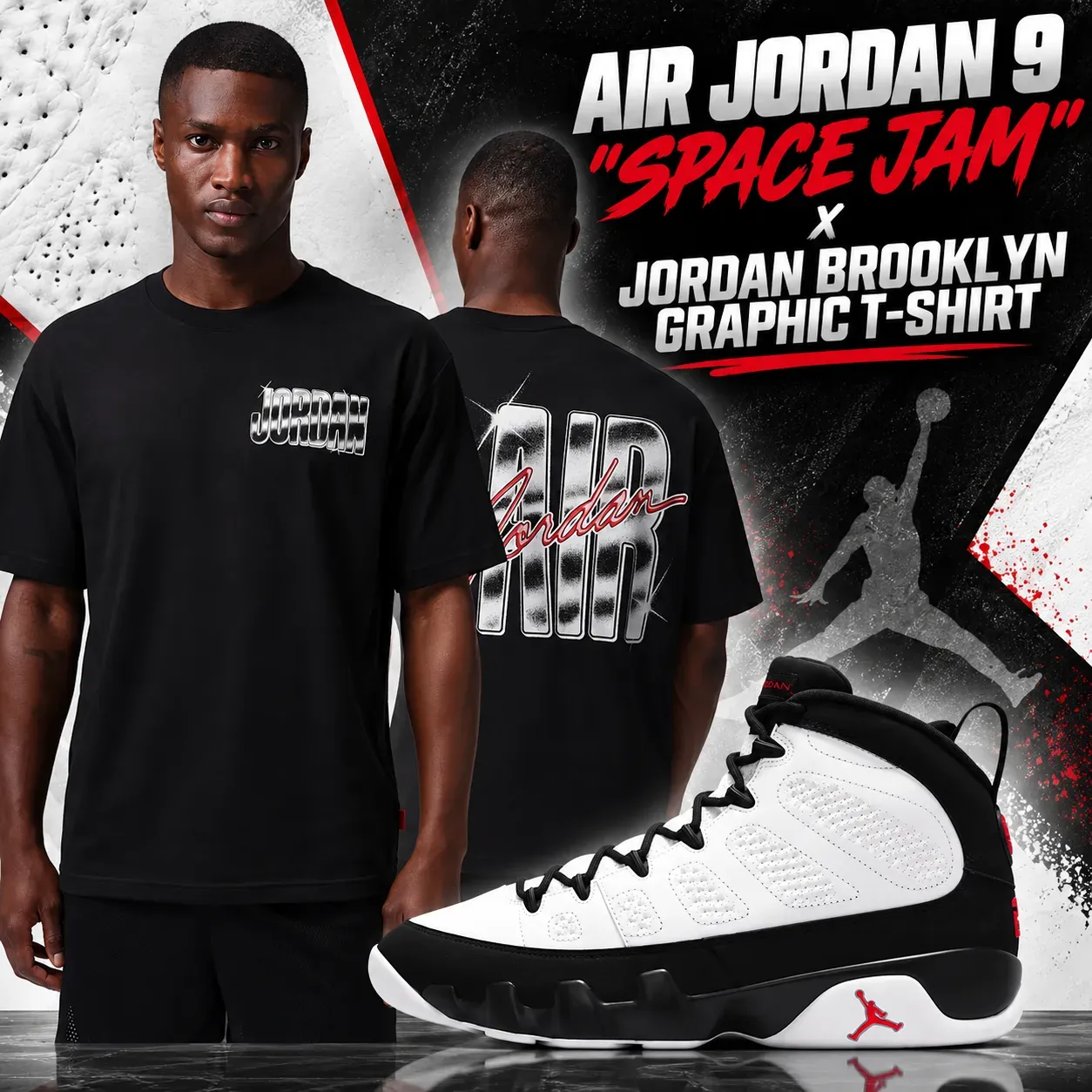 Air Jordan 9 “Space Jam” with black Jordan Brooklyn Graphic T-Shirt outfit
