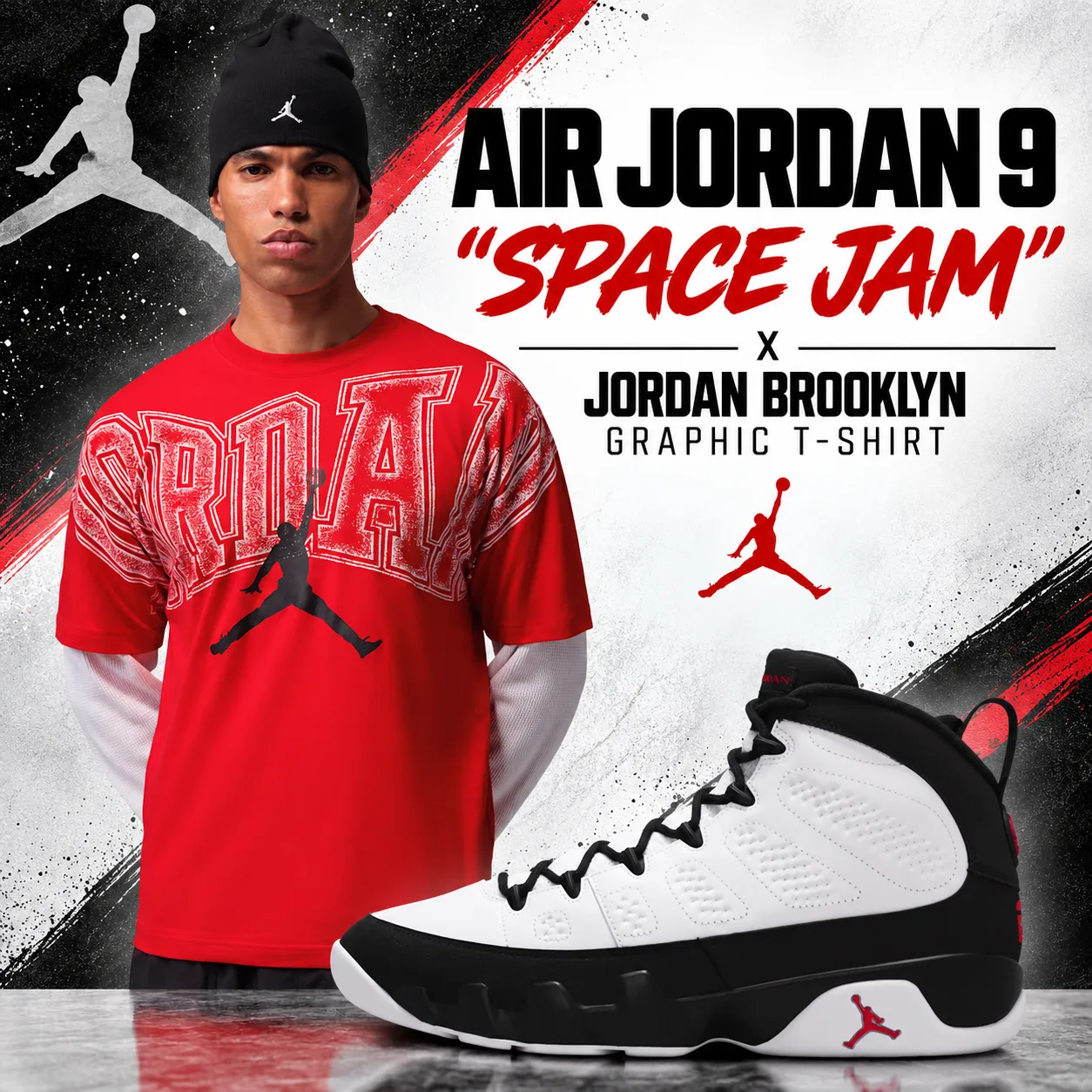 Air Jordan 9 “Space Jam” with red Jordan Brooklyn Graphic T-Shirt