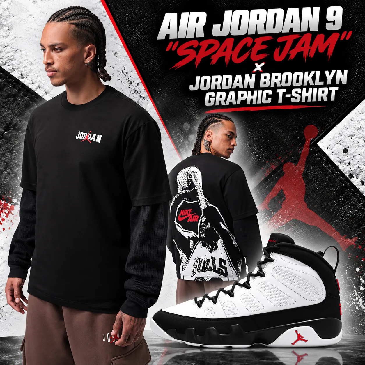 Air Jordan 9 Space Jam with black Jordan Brooklyn Graphic T-Shirt in matching black, white and red.