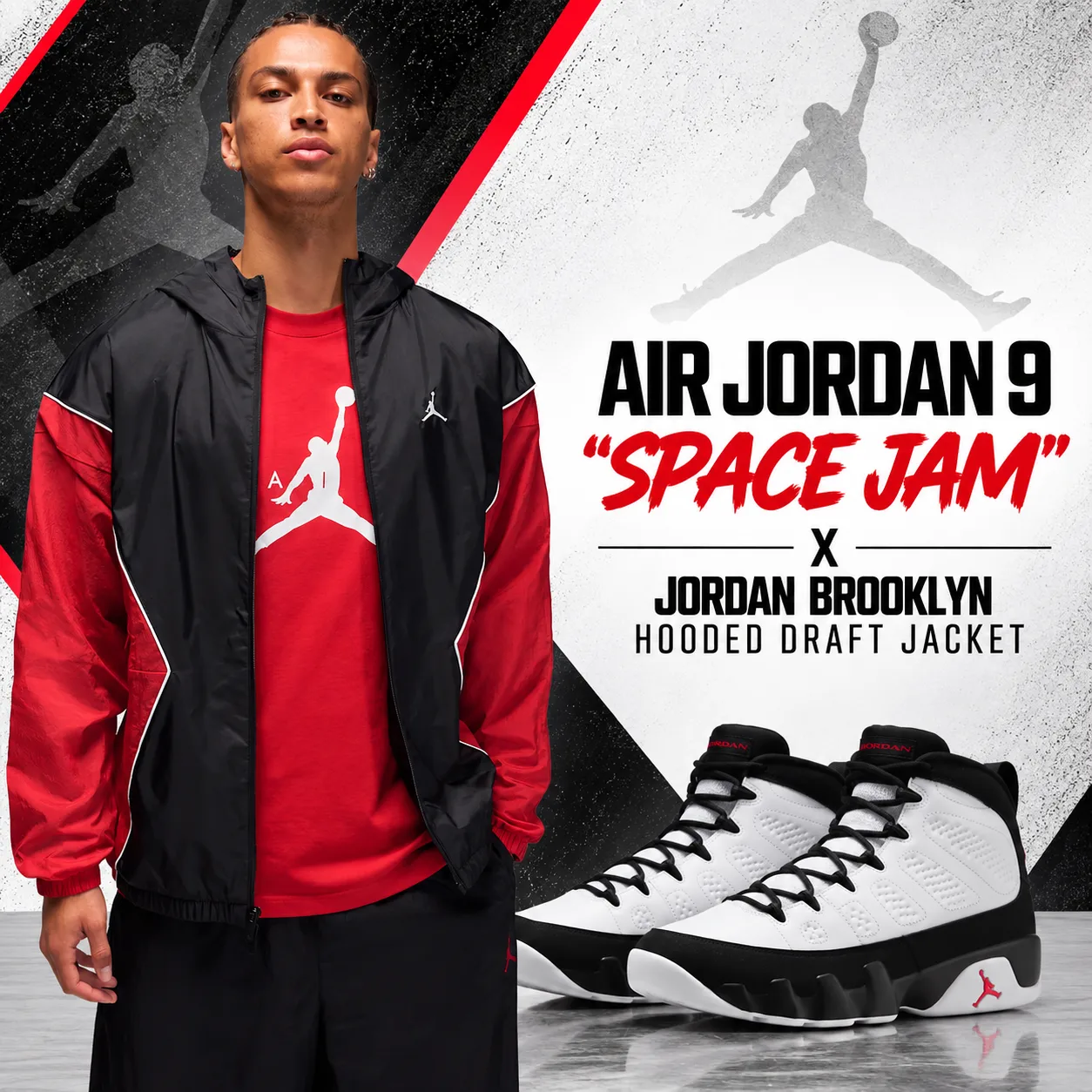 Air Jordan 9 Space Jam sneakers with Jordan Brooklyn Hooded Draft Jacket