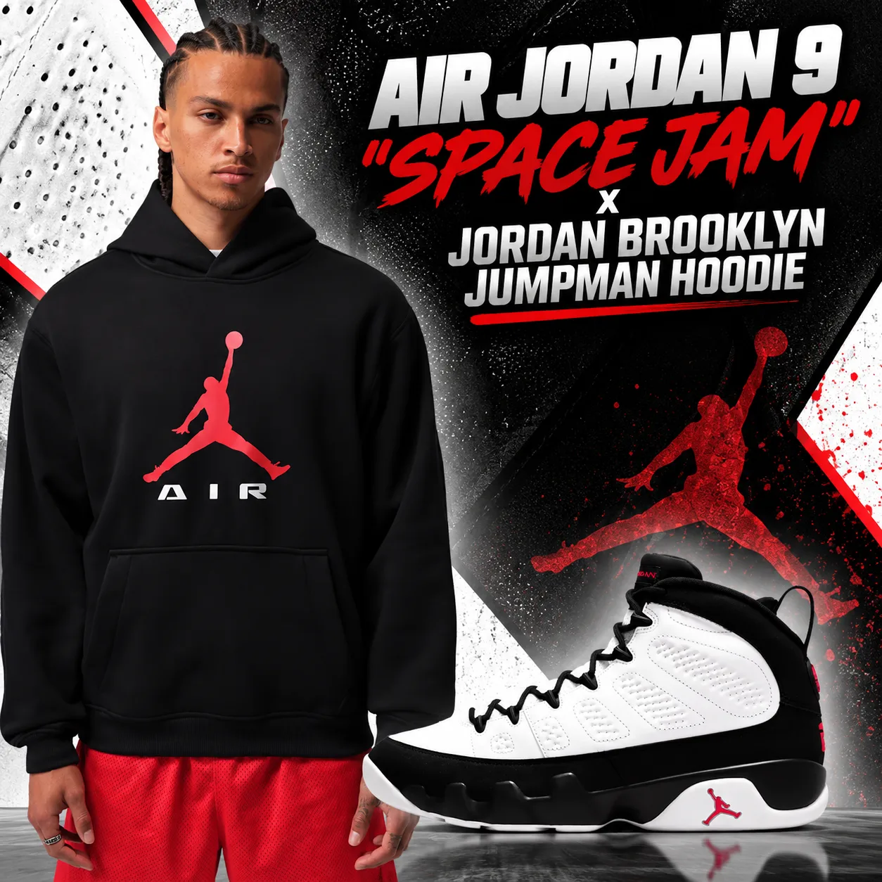 Air Jordan 9 “Space Jam” sneakers with black Jordan Brooklyn Jumpman Hoodie outfit