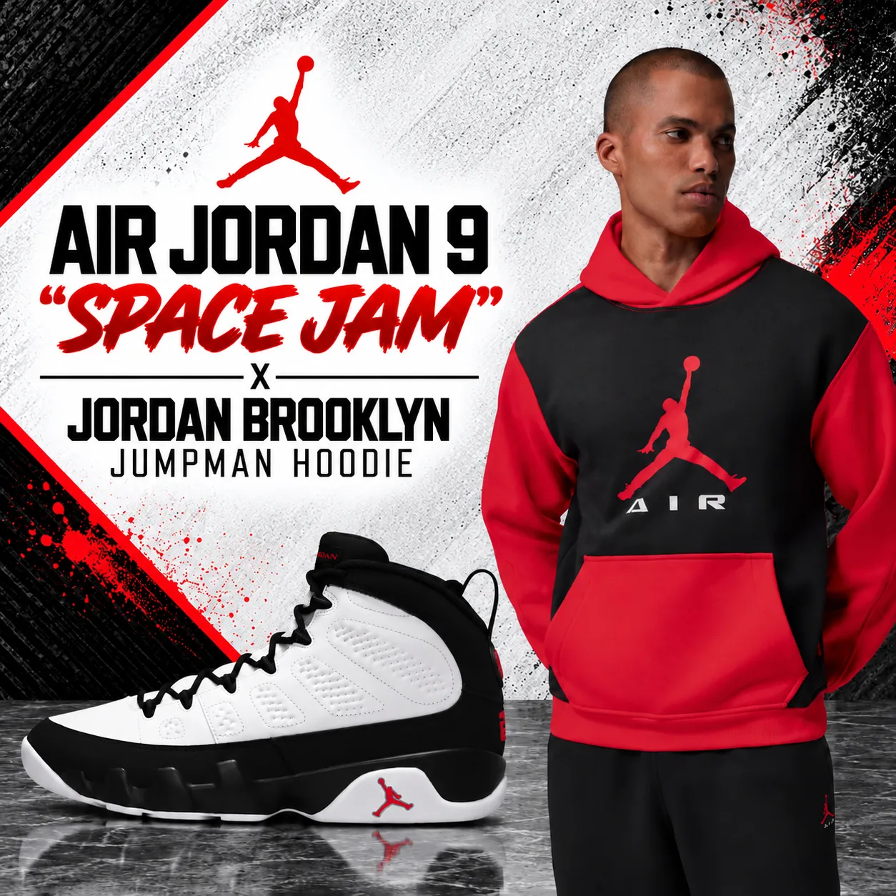 Air Jordan 9 “Space Jam” sneakers with red and black Jordan Brooklyn Jumpman Hoodie