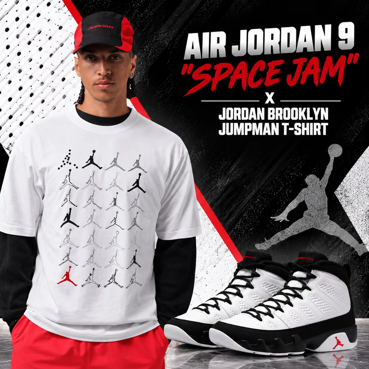 Air Jordan 9 “Space Jam” sneakers with white Jordan Brooklyn Jumpman T-Shirt outfit