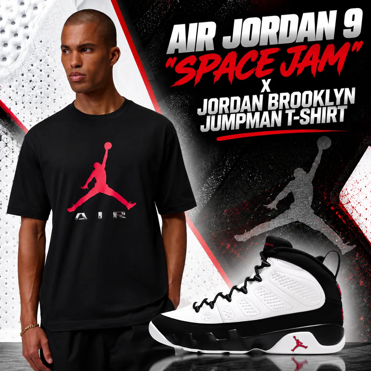 Air Jordan 9 “Space Jam” sneakers with black Jordan Brooklyn Jumpman T-Shirt outfit