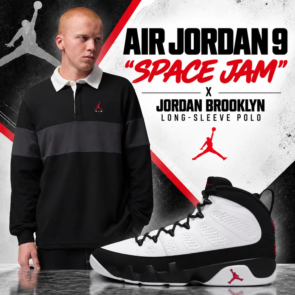 Air Jordan 9 “Space Jam” with black, grey and white Jordan Brooklyn Long-Sleeve Polo