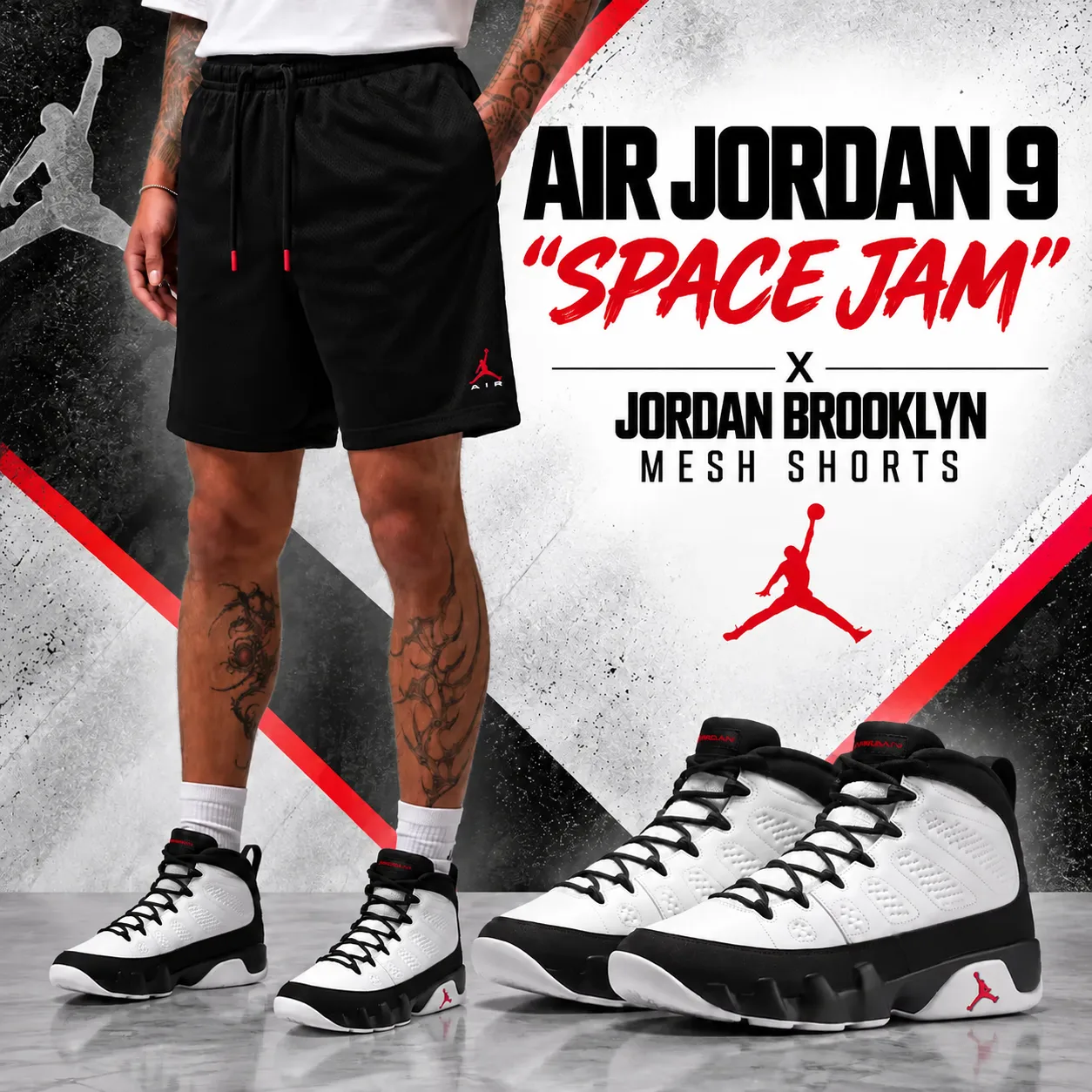 Air Jordan 9 “Space Jam” sneakers with black Jordan Brooklyn Mesh Shorts outfit