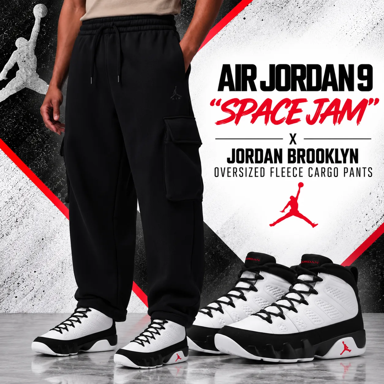 Air Jordan 9 “Space Jam” sneakers with Jordan Brooklyn Oversized Fleece Cargo Pants in black