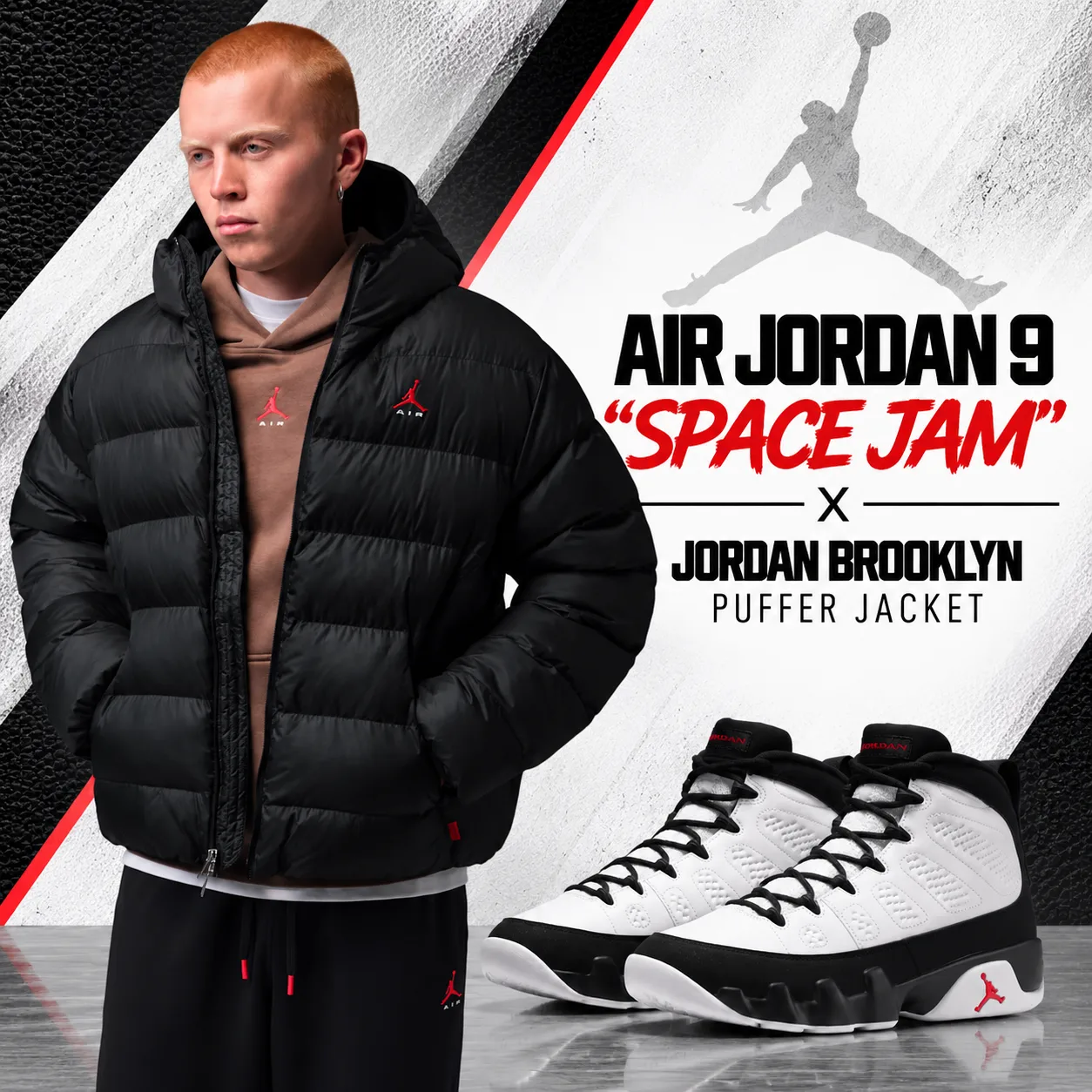 Air Jordan 9 “Space Jam” sneakers with black Jordan Brooklyn Puffer Jacket outfit