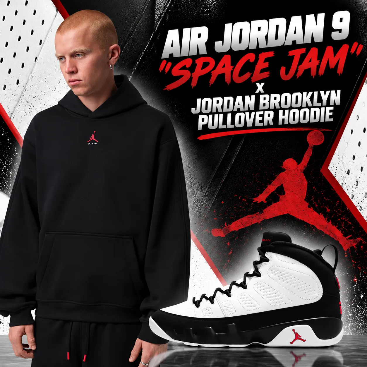 Air Jordan 9 “Space Jam” sneakers matched with the black Jordan Brooklyn Pullover Hoodie.