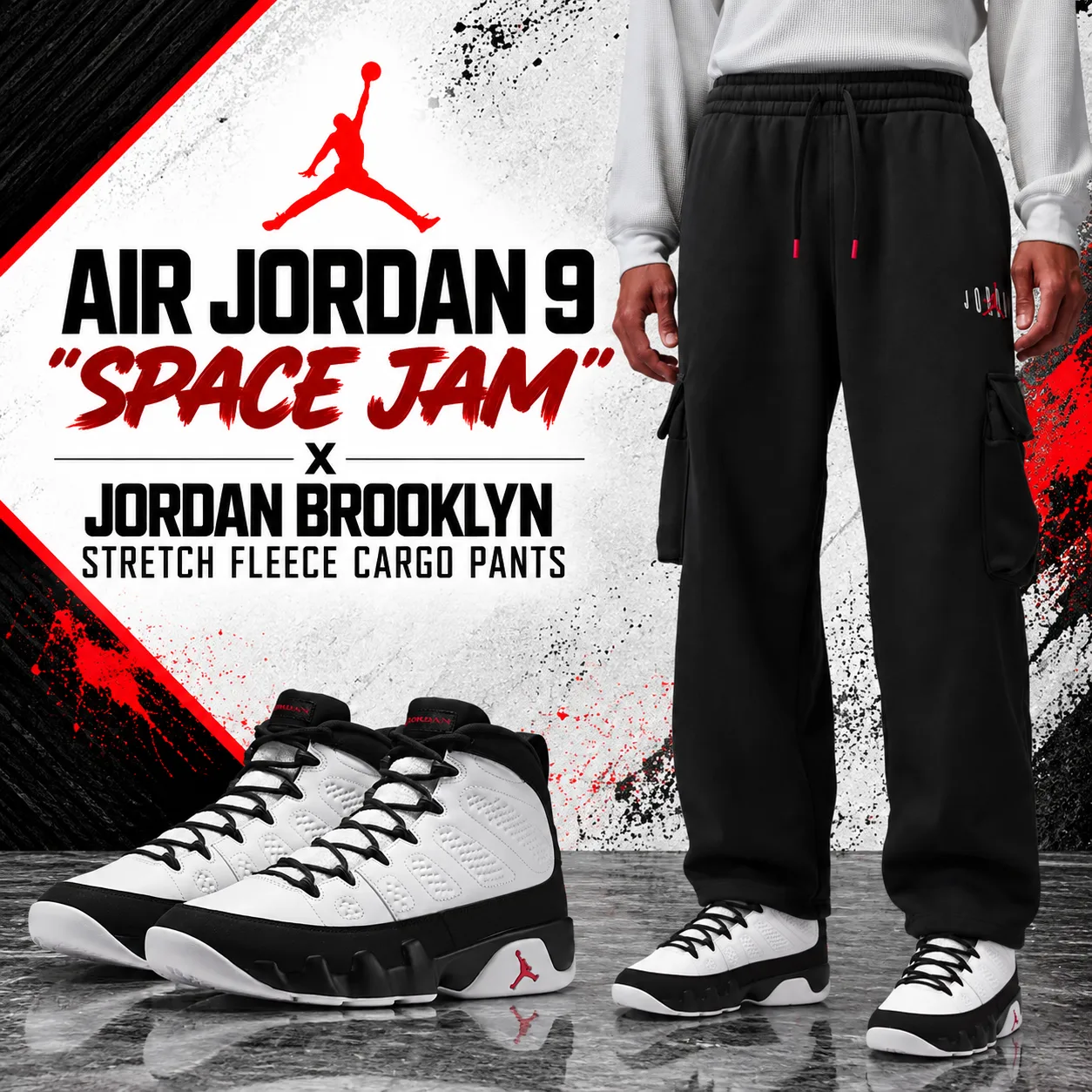 Air Jordan 9 “Space Jam” sneakers with black Jordan Brooklyn Stretch Fleece Cargo Pants outfit