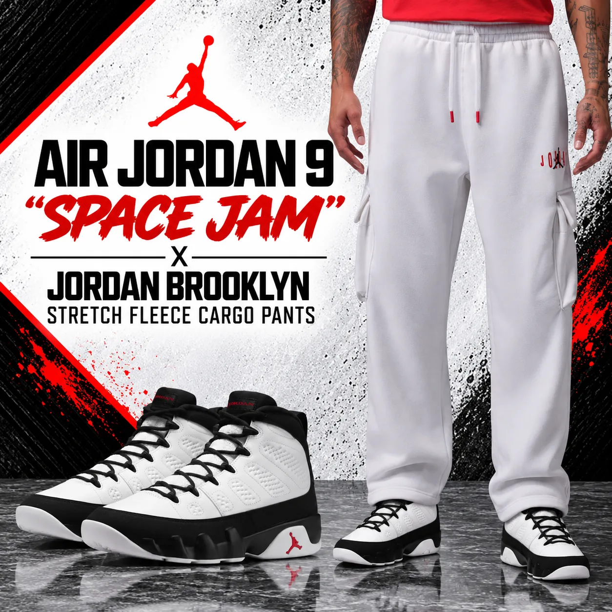 Air Jordan 9 “Space Jam” sneakers with white Jordan Brooklyn Stretch Fleece Cargo Pants outfit