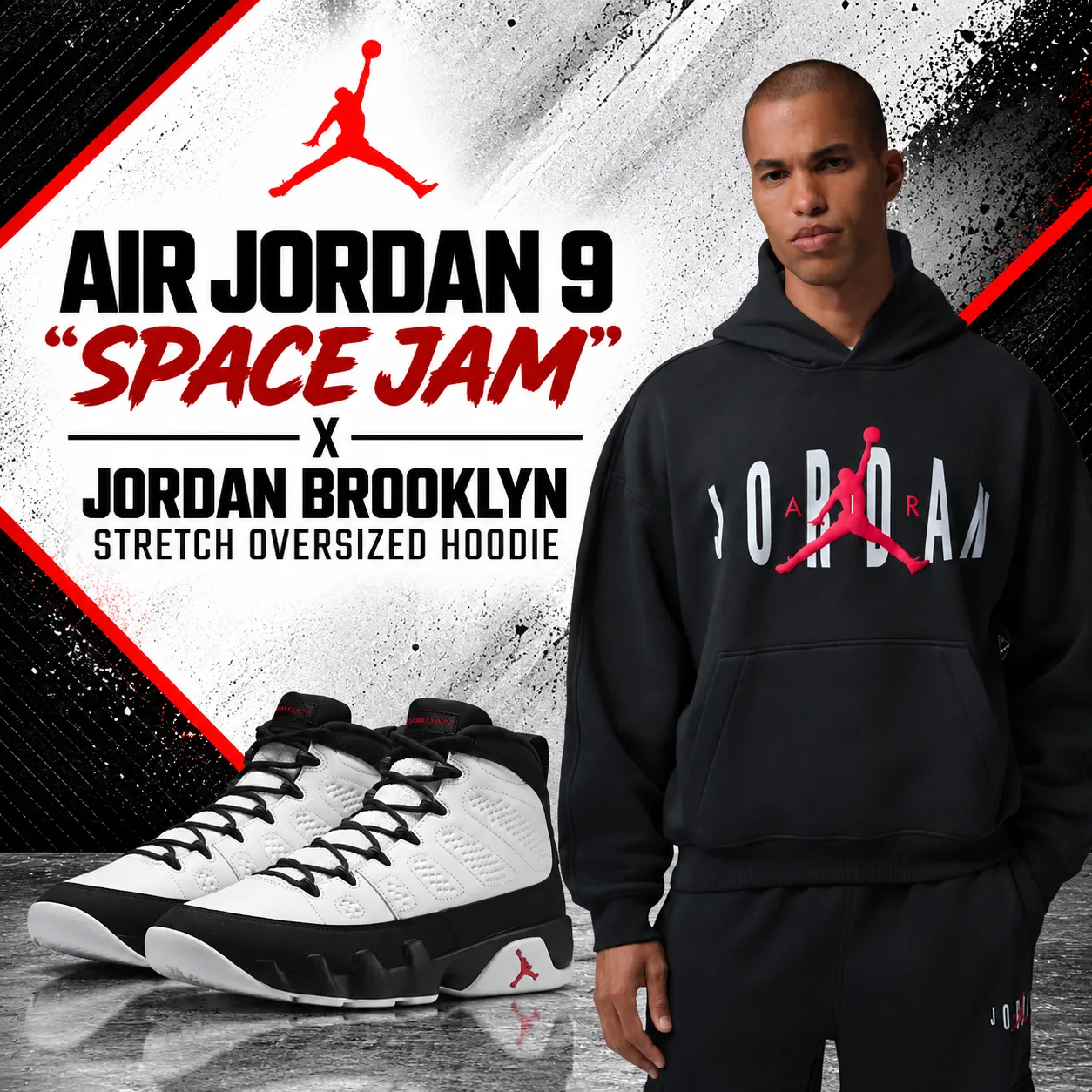 Air Jordan 9 “Space Jam” sneakers with black Jordan Brooklyn Stretch Oversized Hoodie outfit