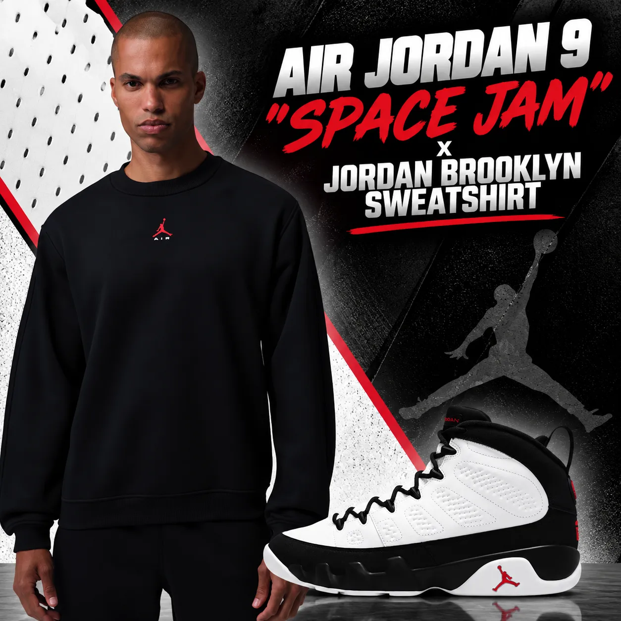Air Jordan 9 “Space Jam” with black Jordan Brooklyn Sweatshirt outfit