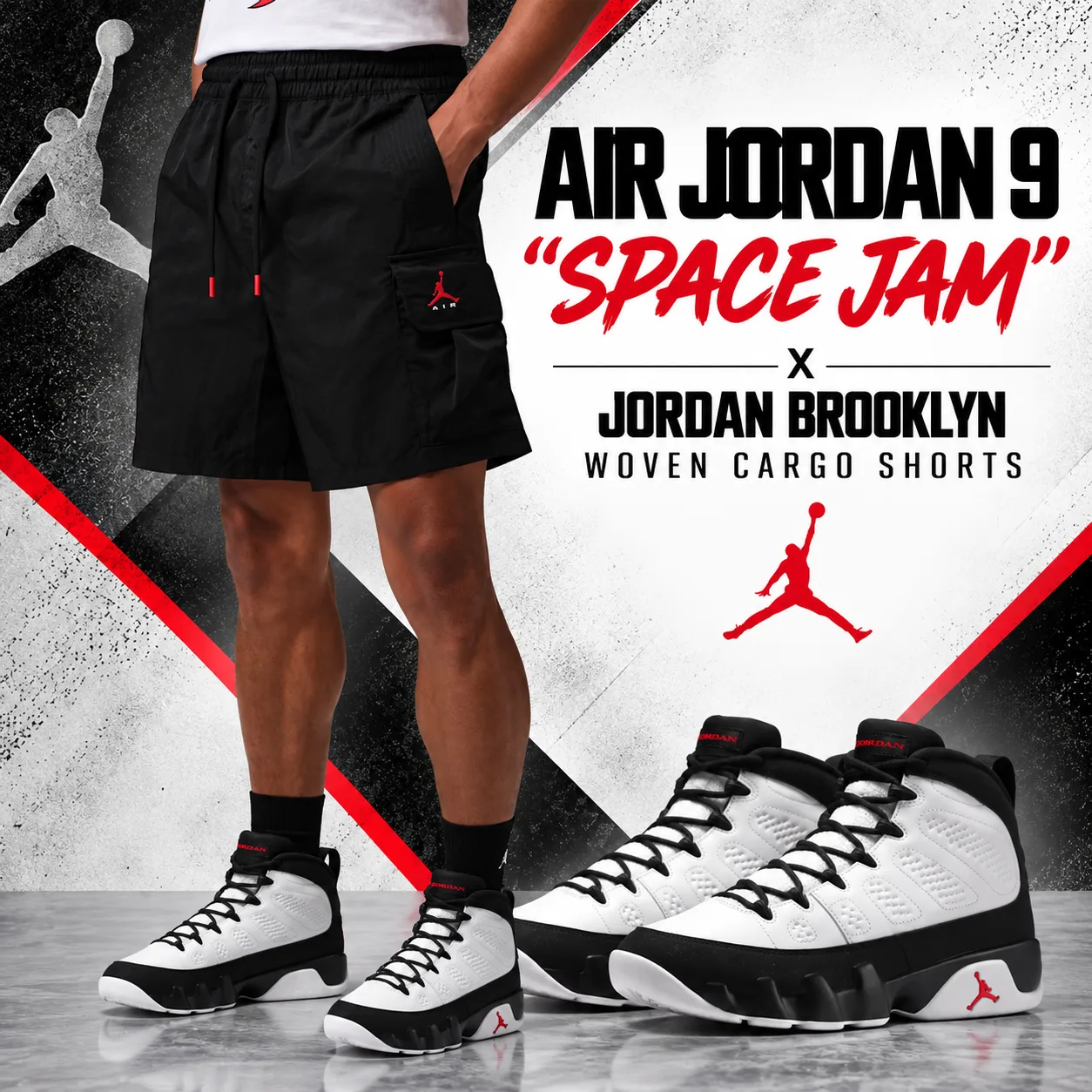 Air Jordan 9 “Space Jam” sneakers with black Jordan Brooklyn Woven Cargo Shorts