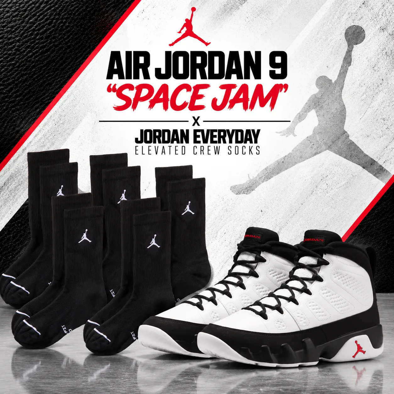 Air Jordan 9 “Space Jam” sneakers with black Jordan Everyday Elevated Crew Socks