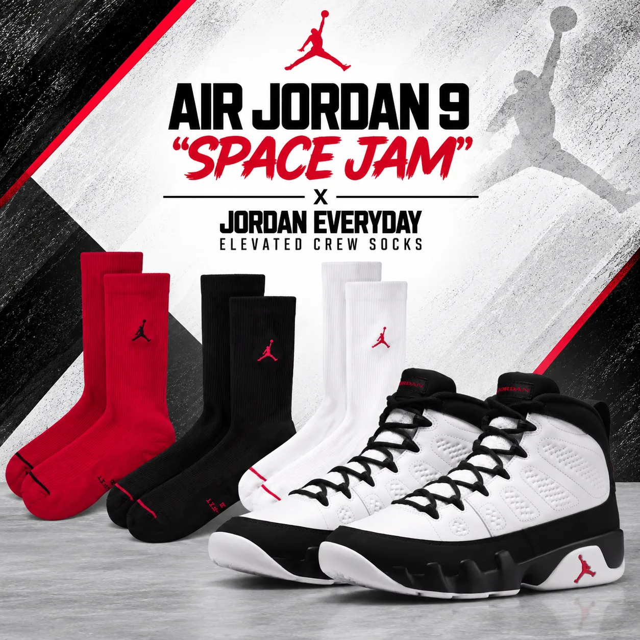 Air Jordan 9 “Space Jam” sneakers with Jordan Everyday Elevated Crew Socks in red, black and white