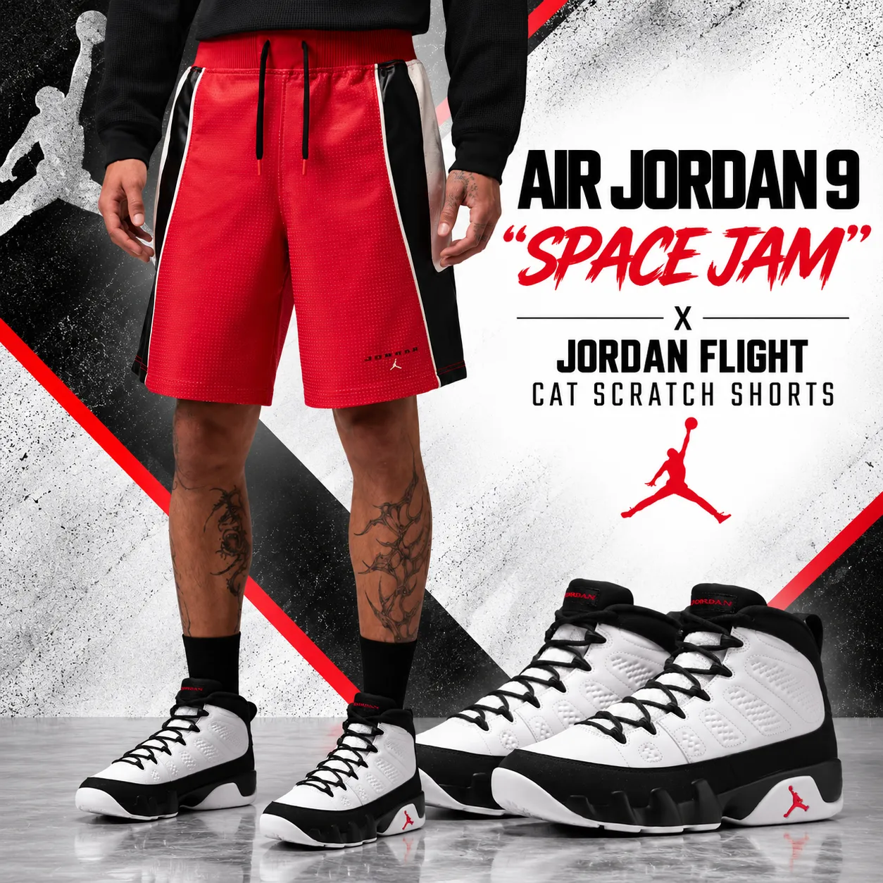 Air Jordan 9 “Space Jam” sneakers with red Jordan Flight Cat Scratch Shorts outfit