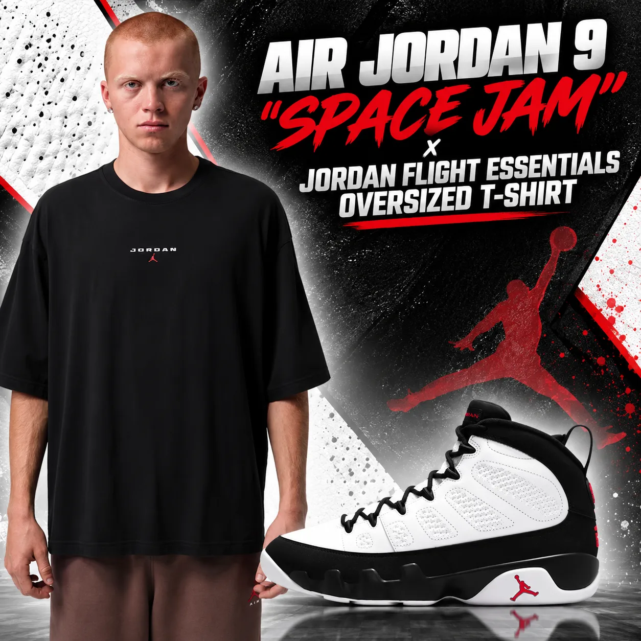 Air Jordan 9 “Space Jam” with black Jordan Flight Essentials Oversized T-Shirt outfit