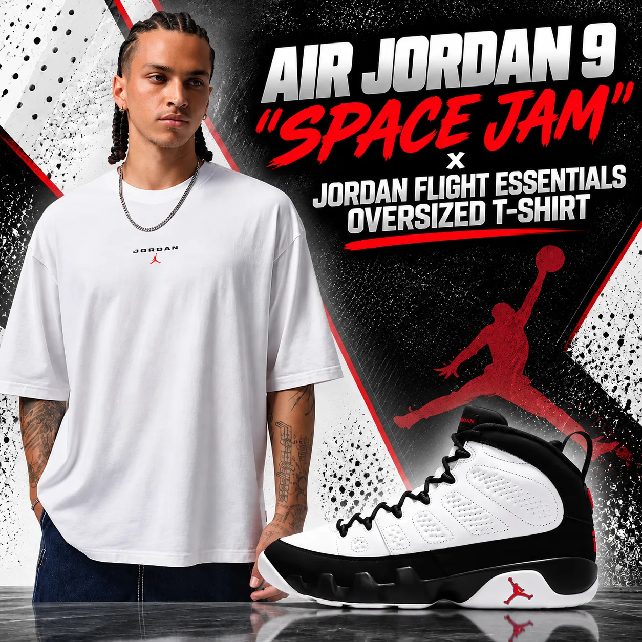 Air Jordan 9 “Space Jam” with white Jordan Flight Essentials Oversized T-Shirt outfit