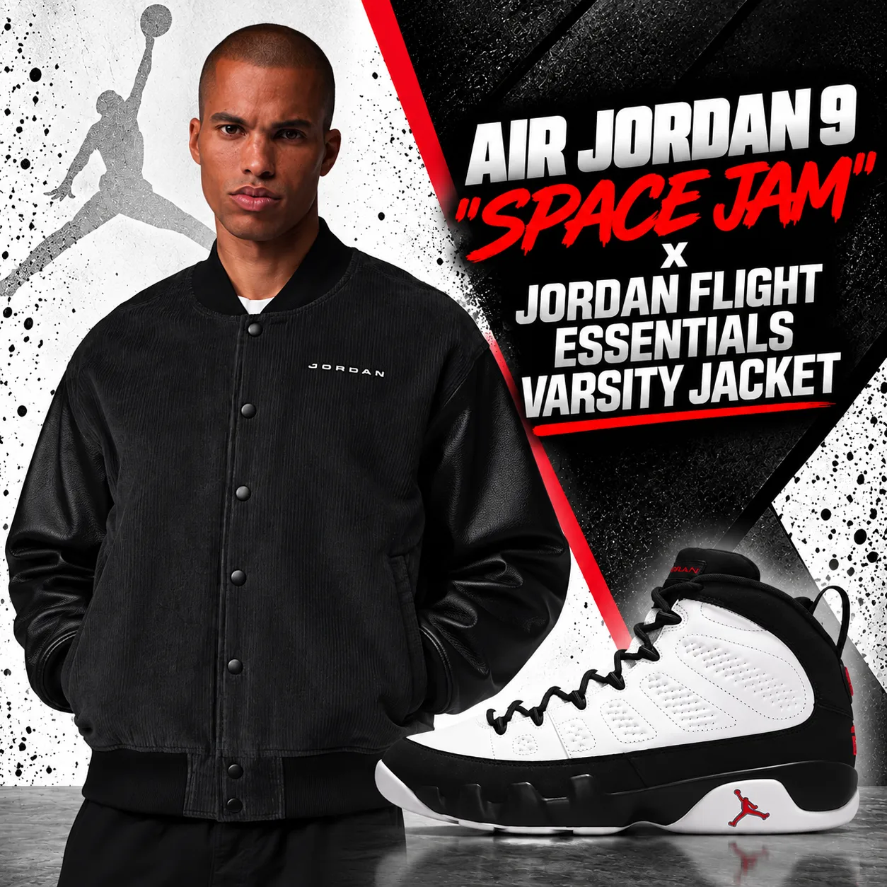 Air Jordan 9 “Space Jam” sneakers with black Jordan Flight Essentials Varsity Jacket outfit
