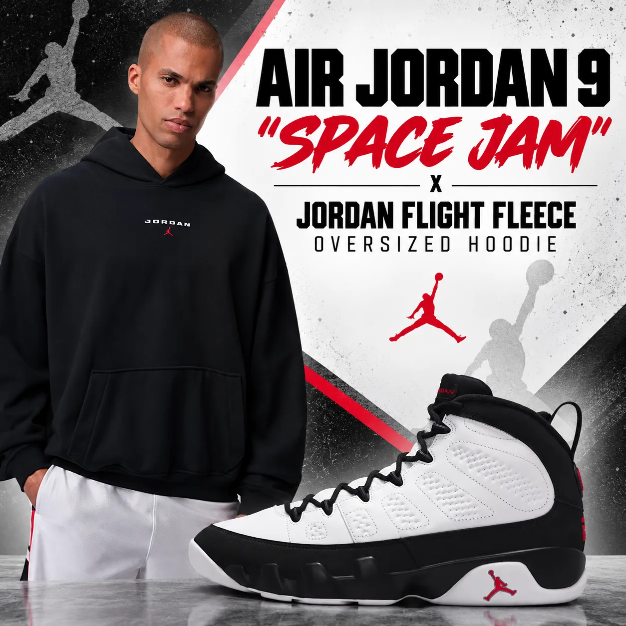 Air Jordan 9 “Space Jam” sneakers with black Jordan Flight Fleece Oversized Hoodie