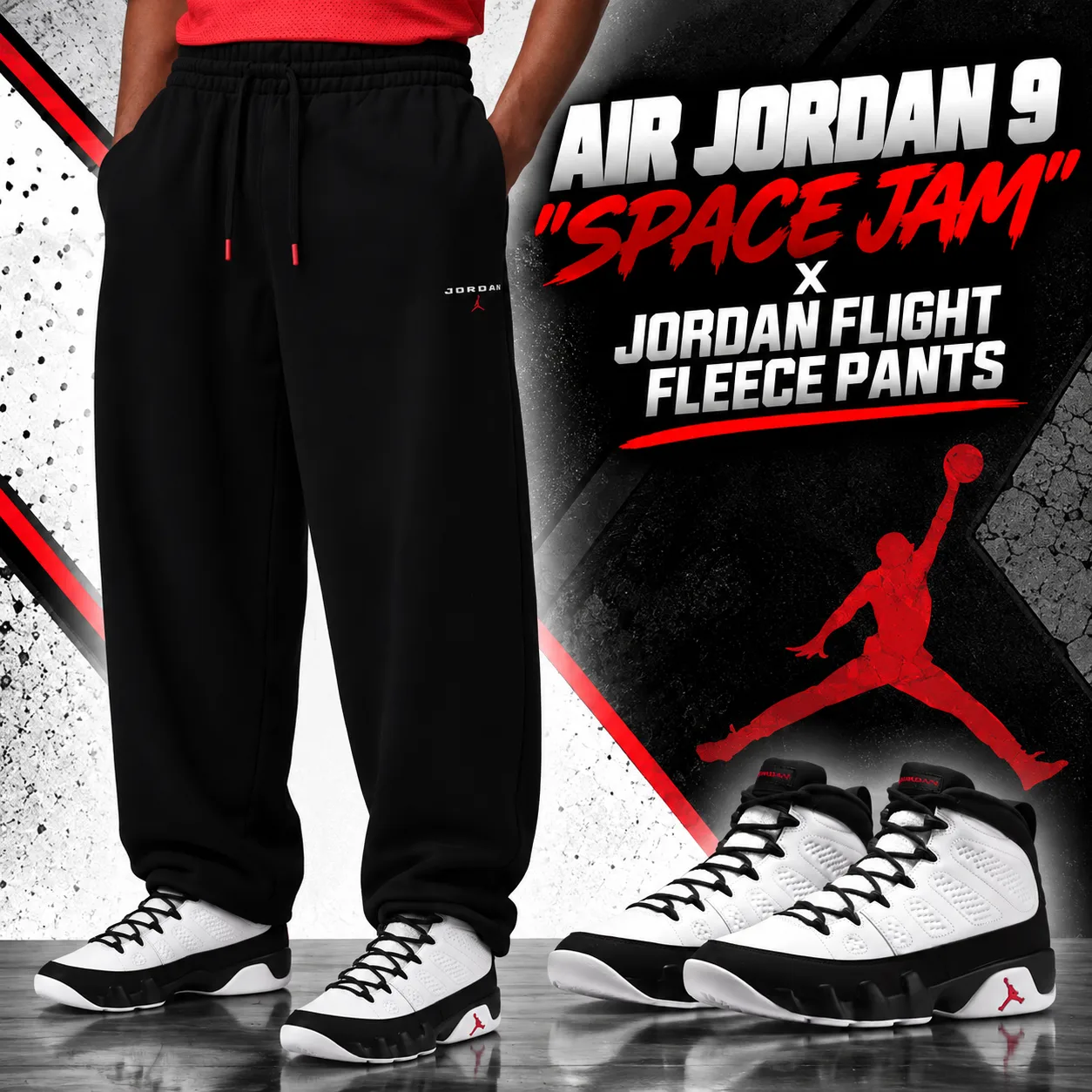 Air Jordan 9 “Space Jam” sneakers with black Jordan Flight Fleece Pants