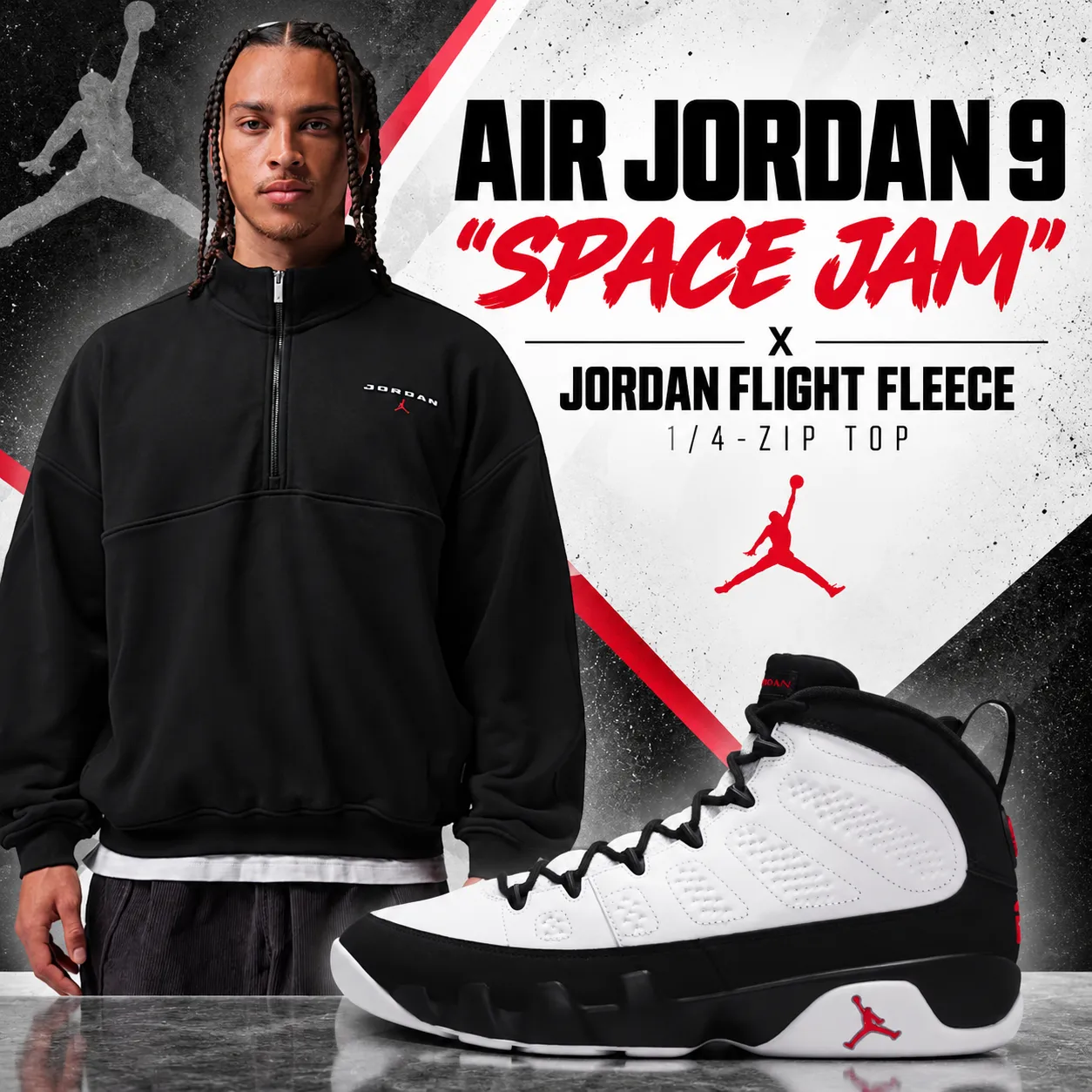 Air Jordan 9 “Space Jam” sneakers with black Jordan Flight Fleece 1/4-Zip Top outfit
