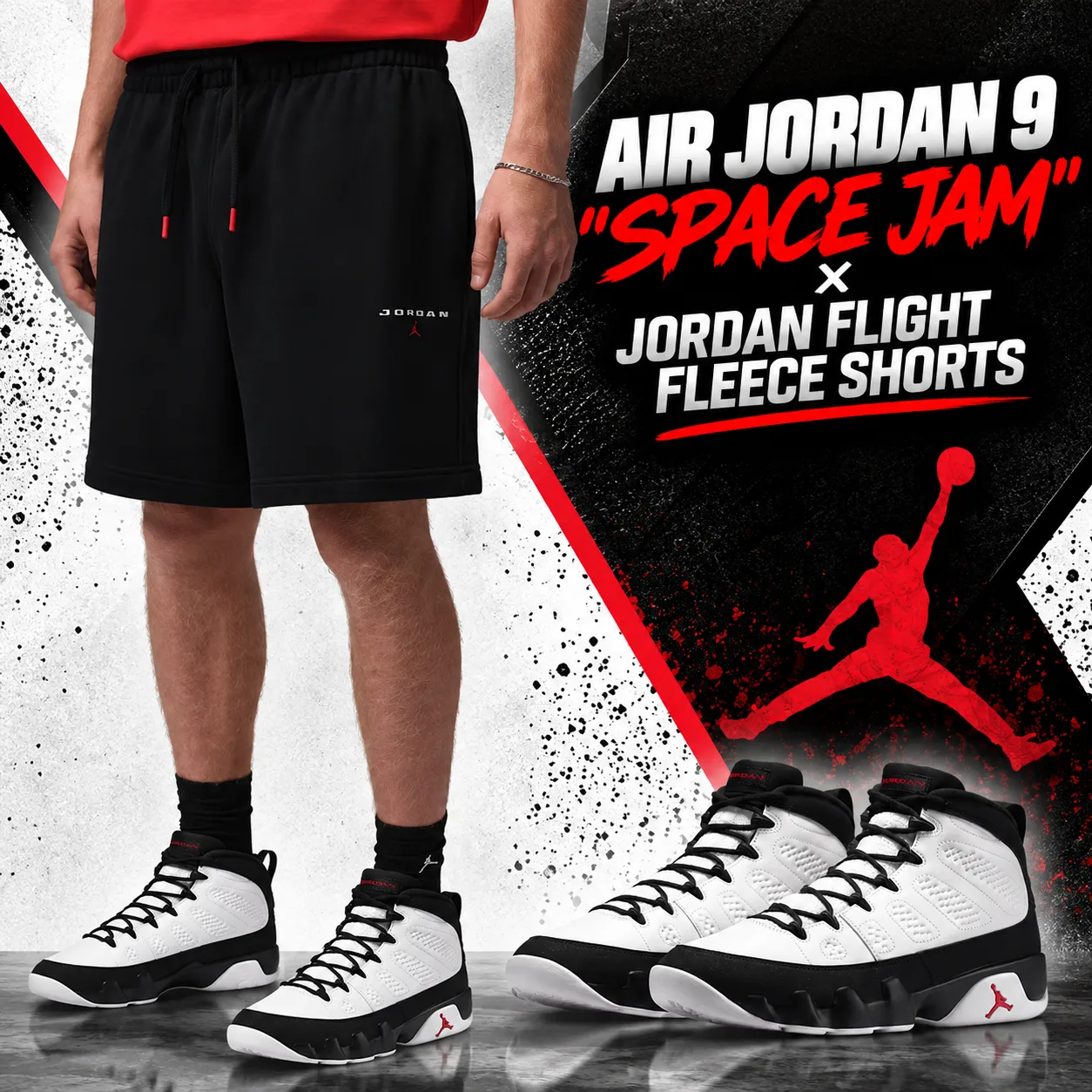 Air Jordan 9 “Space Jam” sneakers with black Jordan Flight Fleece Shorts