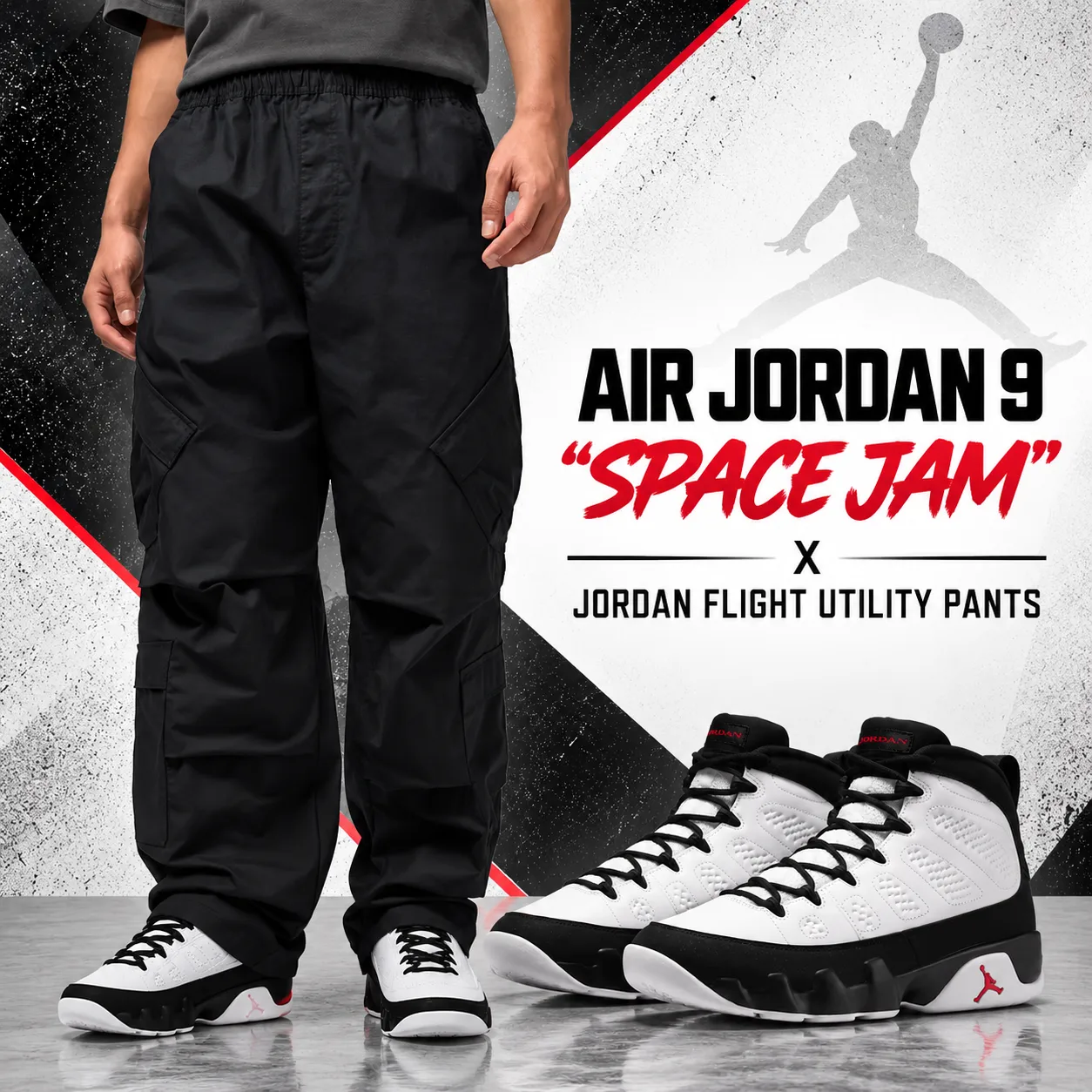 Air Jordan 9 “Space Jam” sneakers with black Jordan Flight Utility Pants