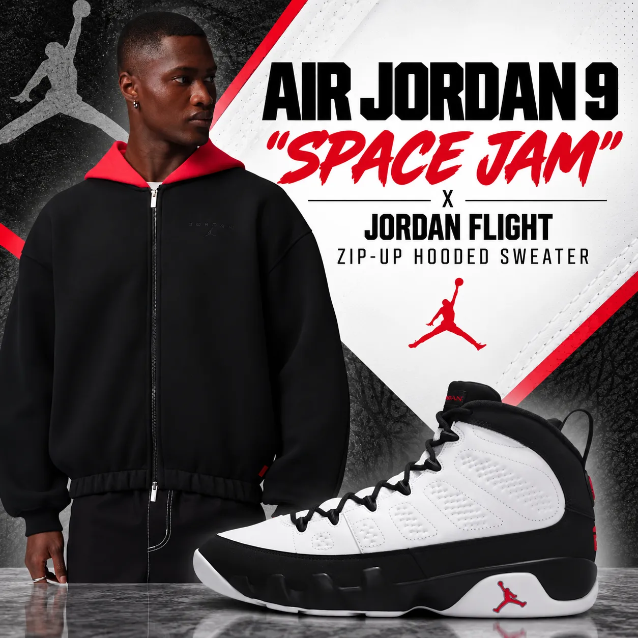 Air Jordan 9 “Space Jam” sneakers with black and red Jordan Flight Zip-Up Hooded Sweater